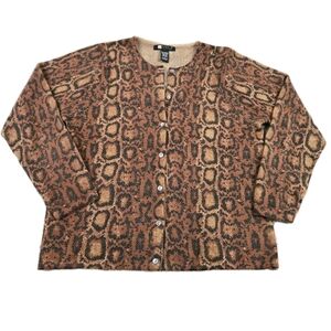 Carol Little Wool Angora Pearl Button Cardigan Sweater Leopard Print Sz L Luxury